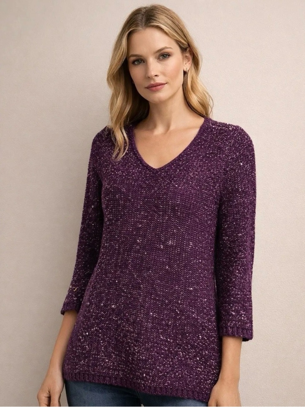 Chicos Sweater Metallic Silver Purple V Neck Tunic Women’s Size 3/XL Festive NYE
